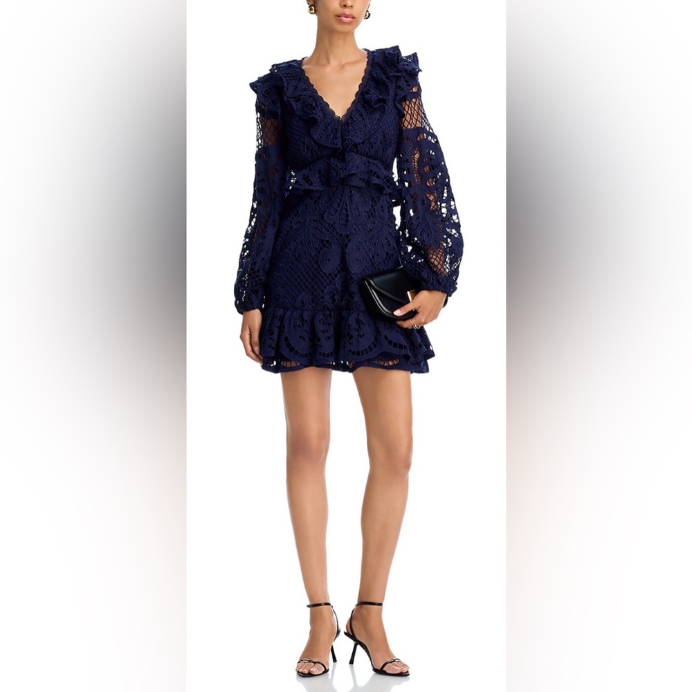 AQUA Lace V Neck Long Sleeve Ruffle Mini Dress - Picture 2 of 6